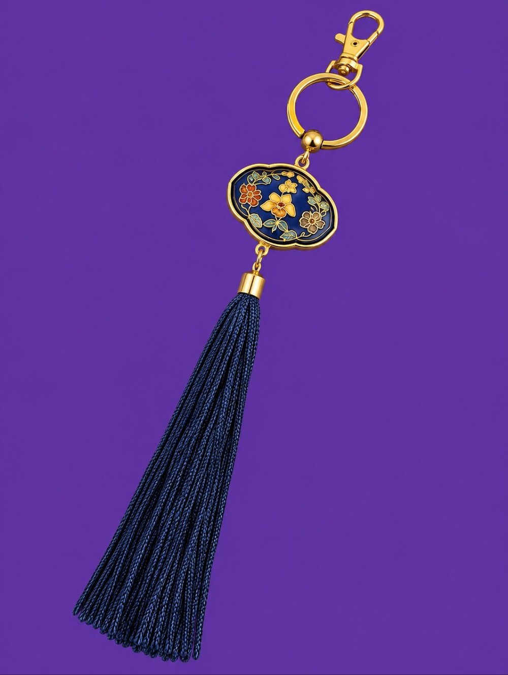 Vintage Double Sided Floral Cloisonne Tassel Purse Charm Key Ring